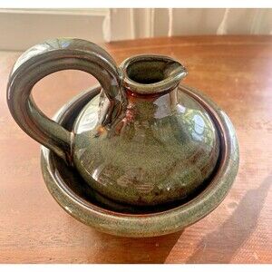 Handmade Glazed Art Pottery Creamer & Bowl Set – Signed – Moss Green